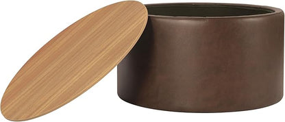 HomePop Modern Fabric Storage Ottoman with Wood Top - Faux Brown Leather