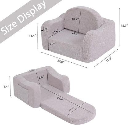 Welnow Kids Sofa, 2-in-1 Soft Sherpa Toddler Chair, Convertible Toddler Couch Lounger, Flip Out Kids Couch Chair with Side Pockets & Removable Cover for Girls and Boys, Grey