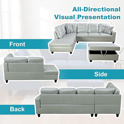 L Shaped Couch PU Leather Sectional Couch Upholstered 3 Pieces Sofas for Living Room with Chaise, Storage Ottoman for Office and Small Apartment, Silver Green