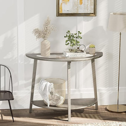 COSIEST 2-Tier Glass Console Table, Semi-Circular MDF Entryway Table with Storage Shelf, Modern Wood Sofa Side Table for Bedroom Living Room Hallway, Antique Silver