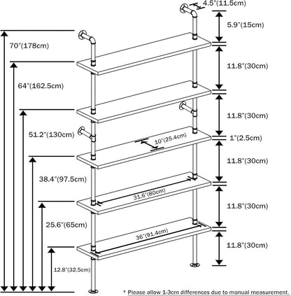 Ladder Pipe Shelves, Wall Mounted Industrial Shelves for Living Room Storage (White, 5 Tier - 10" D x 36" W x 70" H)