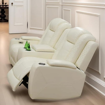 Loveseat Recliner Sofa, Reclining Loveseat Leather Couch with Storage Console, Modern Comfy Home Theater Seating Power Recliner Chair with Cup Holders for Living Room Furniture Sets, White