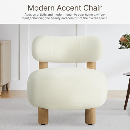 Modern Boucle Accent Chair, with Plush Faux Sherpa Upholstery, Curved Backrest, Solid Wood Legs for Living Room Bedroom Reading Nook, 27.5", White