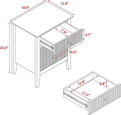 OCANDO White Bed Side Table with 3 Drawers 19" W, Bedroom Nightstand 24" H,Vintage Modern Night Stand,Living Room Fluted End Bedside Tables