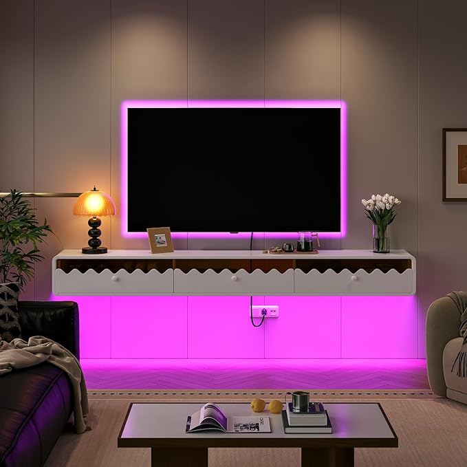 Floating TV Stand, 86IN Fully-Assembled Wall Mounted Wave Glass with Flip-Down Door & Drawers, Modern Media Entertainment Console Under TV Shelf for Livingroom