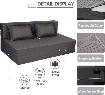 Folding Sofa Bed, Foldable Bed Sleeper Chair with Pillow, Convertible Sofa Bed with Washable Cover, Fold Out Couch,Futon Couch for Living Room, Dorm, Guest Room, Queen Size, Dark Grey