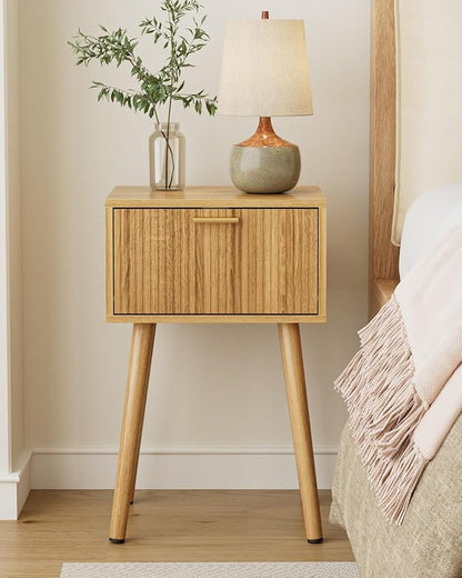 Night Stand, Oak Nightstand with Fluted Door, Small Modern Mid-Century Bedside Table for Bedroom, End Table for Living Room