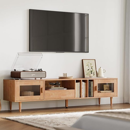 LINSY 70" TV Stand for TVs up to 80 Inch, Mid Century Modern Entertainment Center with Storage Drawer and Open Shelves, TV Console with Glass Door Cabinets for Living Room, Bedroom, Rustic Brown