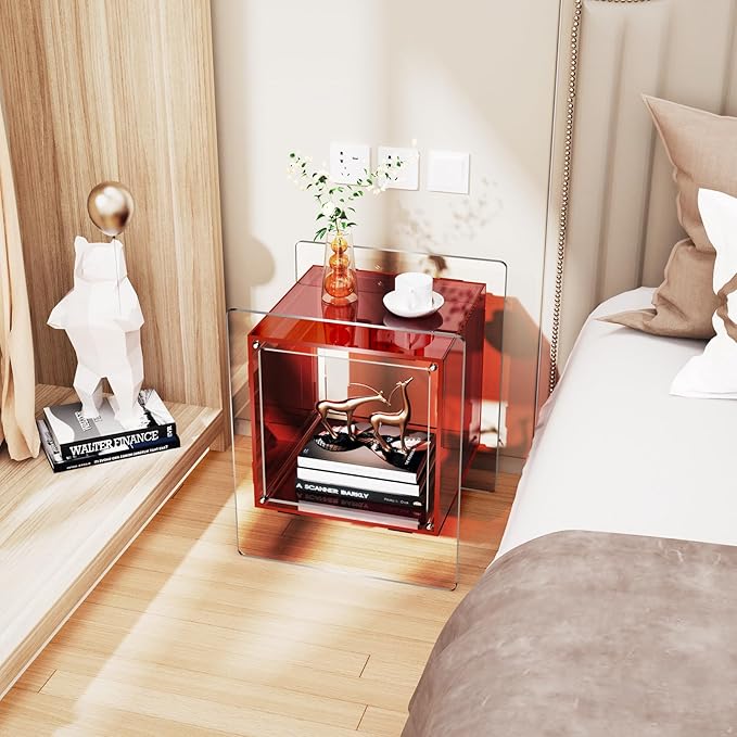 Acrylic Nightstand Colorful Bedside Table with Open Storage Shelf,Clear Side Table for Living Room (1, Red)
