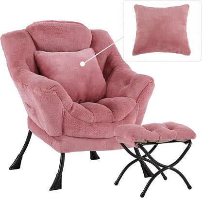 Lazy Chair with Ottoman, Comfy Reading Lounge Chair with Footstool & Throw Pillow Modern with Armrests & Side Pocket for Living Room, Bedroom, Dorm Room, Plush Dark Pink