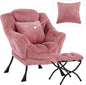 Lazy Chair with Ottoman, Comfy Reading Lounge Chair with Footstool & Throw Pillow Modern with Armrests & Side Pocket for Living Room, Bedroom, Dorm Room, Plush Dark Pink