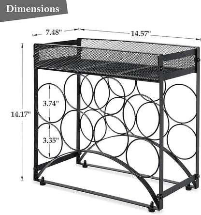 NOBLEMOOD 8 Bottles Countertop Wine Rack, Metal Tabletop Wine Bottles Holder with Top Storage Basket, Small Wine Rack Stand with Tray, Adjustable Feet for Home Kitchen Counter Dining Room
