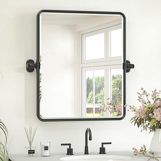 Keonjinn Pivot Mirror Bathroom, 20 x 24 In Beveled Tilt Mirror Bathroom, Matte Black Farmhouse Rectangular Metal Framed Mirrors, Rounded Corner Rectangular Vanity Mirrors for Wall, Horizontal/Vertical