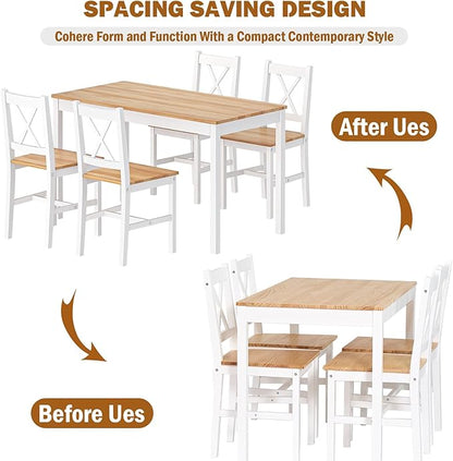 soges Dining Table Set for 4, 42.5 inch Pine Wood Dining Room Table with 4 Chairs, 5-Piece Kitchen Table Chairs Set for Small Space, Apartment, Dinette, Breakfast, White and White