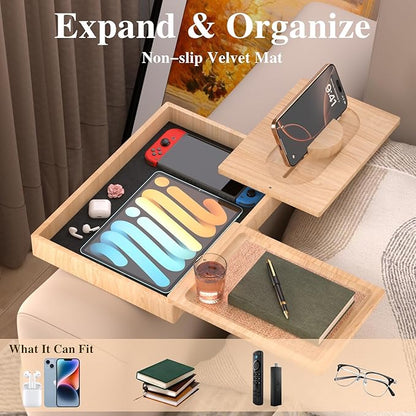 Bamboo Couch Arm Table with 2 Rotating Lids & Adjustable Phone Holder,Foldable Couch Arm Tray,Non-Slip Arm Rest Table Clip for Couch Pillow,Sofa Arm Tray for Snacks,Drinks or Dining