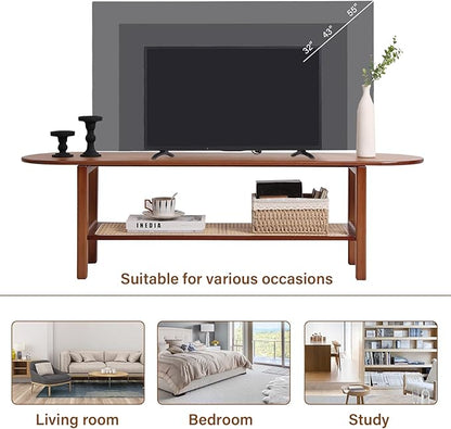 Tiita TV Stand with Storage for TV up to 65 inch, Bamboo Rattan TV Console Entertainment Center with 2 Open Shelf, Mid Century Modern Media Console for Living Room, Bedroom, Walnut