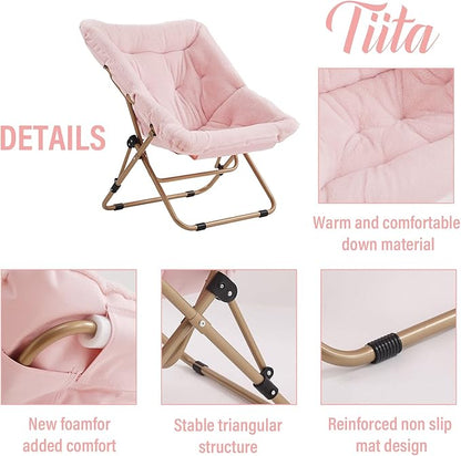 Tiita Comfy Folded Chair, Soft Faux Fur Oversized Folding Accent Chair, Lounge Lazy Chair for Kids Teens Adults, Metal Frame Moon Chair for Bedroom, Living Room, Dorm Rooms, X-Large Pink
