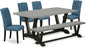 East West Furniture V697EL121-6 6 Piece Kitchen Table Set Contains a Rectangle Dining Table with V-Legs and 4 Blue Linen Fabric Parson Chairs with a Bench, 40x72 Inch, Multi-Color