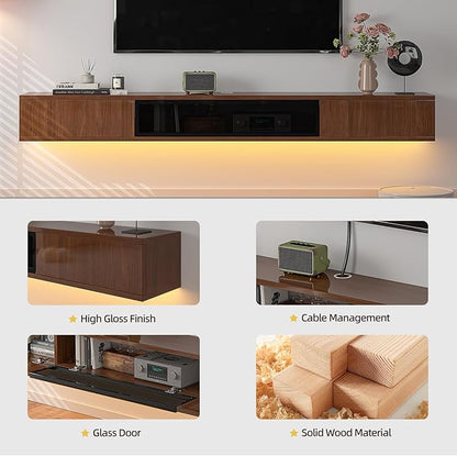 High Gloss Floating TV Stand,94'' Wall Mounted TV Console,Under TV Floating Shelf,Floating TV Cabinet with 3 Doors for Bedroom Living Room(Walnut)