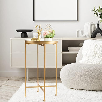 danpinera Gold Side Table, Metal Folding Black Side Table Small Round Circle End Table with Tray Top Waterproof Black Nightstand for Bedroom Living Room Small Spaces 25.75 Inch
