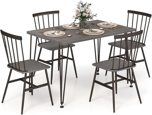 Tangkula Dining Table Set for 4, Kitchen Table and Chairs Set of 4 w/Metal Frame, 360° Swivel Feet, Space-Saving Dinette Table Set for Living Room, Restaurant, Breakfast Nook (Grey Oak)