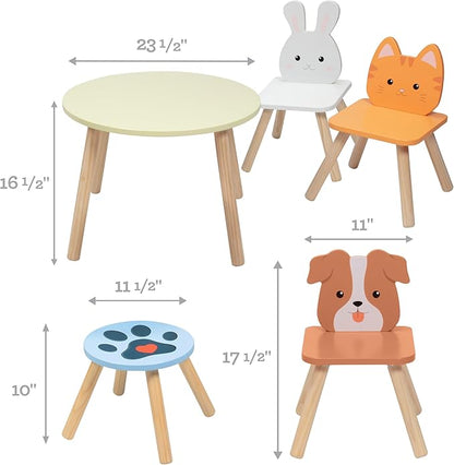Kids Wooden Animal Table & Chair Set w 4 Seats- Puppy Kitten Bunny Plus Adult Stool for Arts Crafts Activity, Dining, Pretend Play- Durable Playroom Furniture for Home, Daycare Classroom- Toddler Gift