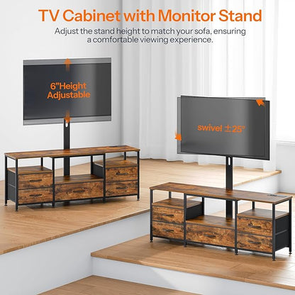 HOOBRO TV Stand with Mount and Power Outlet, for 32/45/55/60/65 inch TVs, Swivel Led Entertainment Center with Drawers, Adjustable Media Console for Living Room, Bedroom, Rustic Brown BF130UDDS01