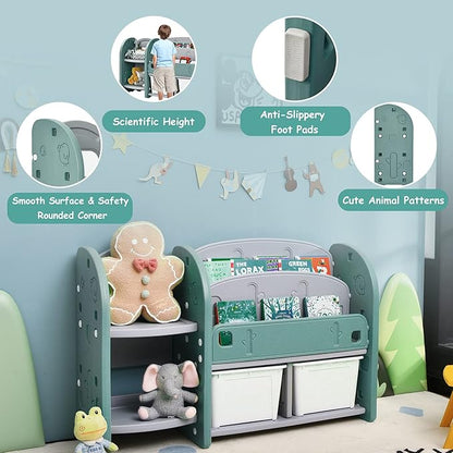 Costzon Kids Toy Storage Organizer, Toddler Bookshelf Cabinet w/ 2-Tier Bookshelf, 2 Shelves, 2 Removable Bins, Children Bookcase Display Book Rack for Kids Room Bedroom Playroom Furniture (Green)