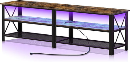 Clikuutory Modern Brown 71 inch Metal TV Stand with LED Lights and Power Outlets for 50 60 65 70 75 80 Inch TVs, 3 Tier Television Stands with Entertainment Center and Storage for Living Room, Bedroom