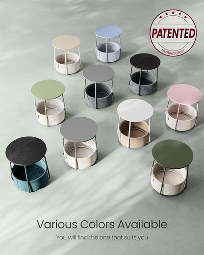 VASAGLE Small Round Side End Table, Modern Nightstand with Fabric Basket, Laurel Green and Cream White ULET223C69