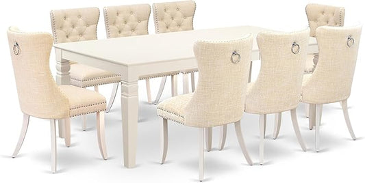 East West Furniture LGDA9-LWH-32 9 Piece Dining Table Set Includes a Rectangle Kitchen Table with Butterfly Leaf and 8 Polyester Fabric Padded Chairs, 42x84 Inch, linen white