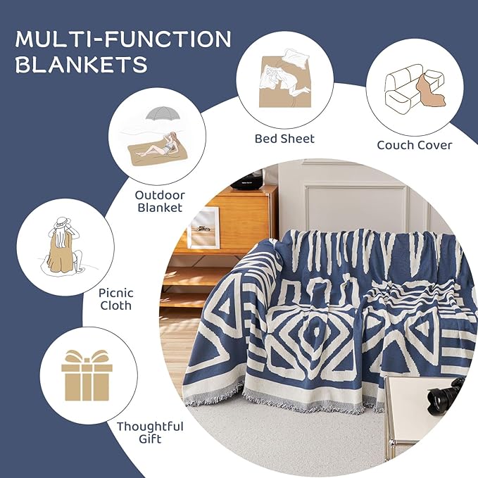 STACYPIK Reversible Boho Blue Beige Couch Cover for 2 Cushion Couch Sofa Cover for Dogs Anti-Scratch Furniture Protector Cover with Tassels for Pet Cat Non-Slip Loveseat Cover for Sectional-71X90IN