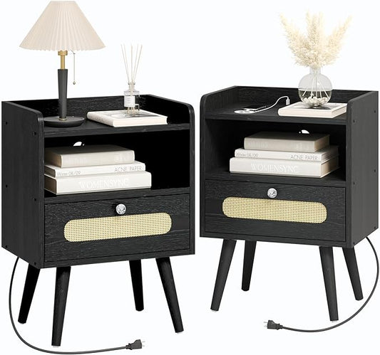 End Table Set of 2 with Charging Station, Diamond Décor Nightstands Set of 2, Bedside Table Set of 2 with Solid Wood Legs, Black