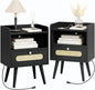 End Table Set of 2 with Charging Station, Diamond Décor Nightstands Set of 2, Bedside Table Set of 2 with Solid Wood Legs, Black