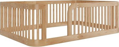 Full Floor Bed with High Fence and Rounded Corner Design, Montessori Floor Bed Frame with Guardrail and Entrance, Easy Assemble Montessori Beds Full Size, Natural