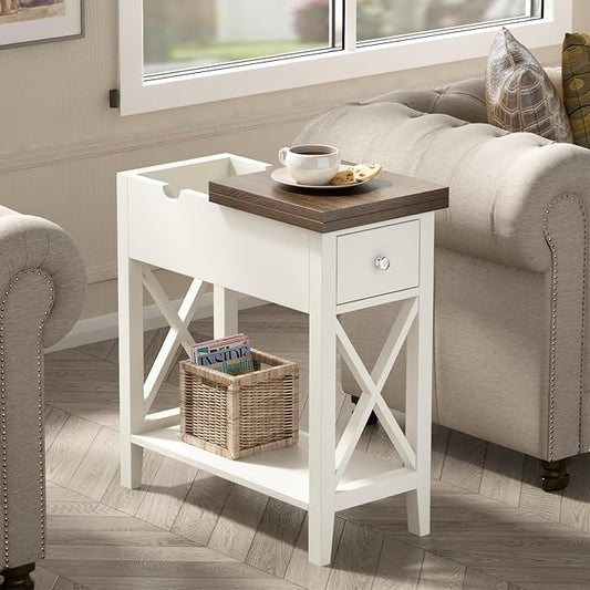ChooChoo Farmhouse End Table with Drawer, Accent Small Side Table Nightstand for Living Room, Bedroom, and Small Spaces - Soft White
