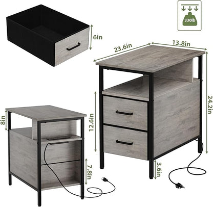 End Table with Charging Station, Narrow Side Table with 2 Fabric Drawer & Storage Shelf, USB Ports & Power Outlets, Narrow Nightstand for Bedroom Living Room Small Spaces, Greige