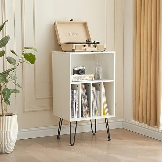 Record Player Stand with Vinyl Storage, Cabinet Holds Up to 150 Albums, End Table for Turntable, Living Room, White