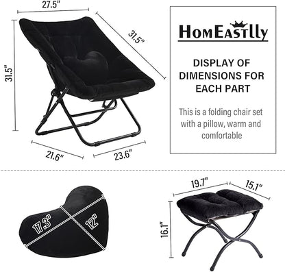Comfy Saucer Chair with Ottoman, Oversized Folding Faux Fur Chair Soft Furry Lounge Lazy Chair with Metal Frame Moon Chair Accent Chair for Bedroom, Living Room, Dorm Rooms, Black