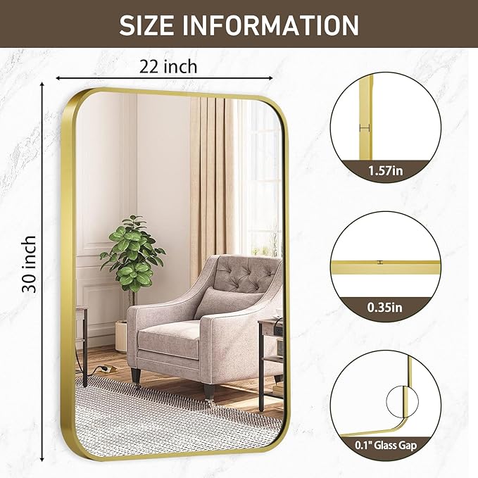 Matte Gold Mirror, 22x30 Inch Brushed Gold Mirror, Aluminum Alloy Framed Vanity Mirror, Rounded Rectangle Bathroom Mirror for Over Sink, Anti-Rust Wall Mirror (Horizontally or Vertically)