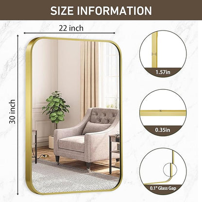 Matte Gold Mirror, 22x30 Inch Brushed Gold Mirror, Aluminum Alloy Framed Vanity Mirror, Rounded Rectangle Bathroom Mirror for Over Sink, Anti-Rust Wall Mirror (Horizontally or Vertically)
