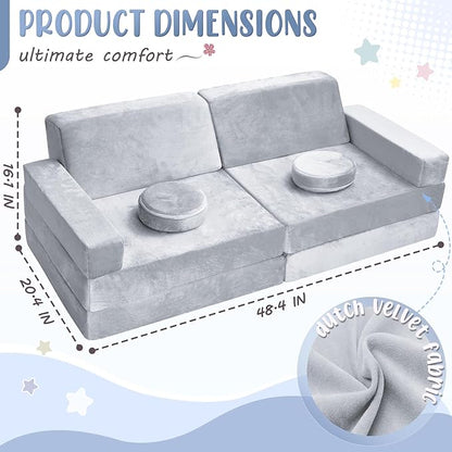 10Pcs Kids Play Couch,Toddler Sofa,Modular Kids Couch for Playing, Creativing, Sleeping (Grey)