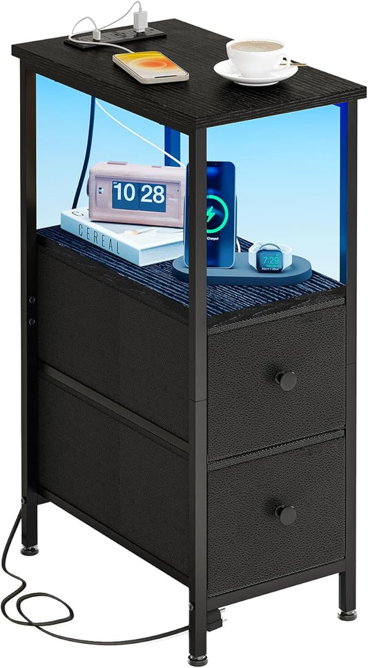Fixwal Narrow Side Table with Charging Station and LED Light, Skinny Nightstand with 2 Fabric Drawers, Slim End Table for Bedroom, Dorm, Small Space, Black