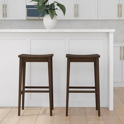 Plank+Beam Smythe Bar Stool, 30", Set of 2, Sturdy Wood Modern Kitchen Counter Height Stool, Saddle Seat Backless Counter Chair, Metal Footrest, Walnut