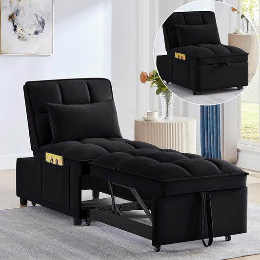 KEIKI Velvet Single Convertible Sleeper Chair Sofa Bed with Adjustable Backrest, Pillows & Storage Pockets, 3 in 1 Pull-Out Couch Chaise Lounge Recliner for Living Room Balcony Bedroom, Black