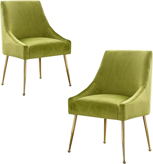 Modern Velvet Dining Chairs Set of 2, Contemporary Upholstered Furniture Collection with Polished Gold Metal Legs, Elegant Accent Chairs for Kitchen Living Room(Yellow Green)