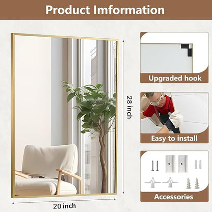 Gold Bathroom Mirror, 40"x30" Rectangle Mirror, Brushed Gold Mirror, Metal Frame Square Corner Vanity Mirror, Wall Mounted Mirror for Modern, Living Room, Bedroom, Horizontal Or Vertical