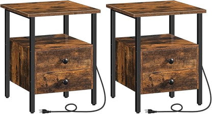 HOOBRO End Table Set of 2 with Charging Station, Nightstand with 2 Drawer & USB Ports & Power Outlets, Bedside Table for Small Spaces, Stable and Sturdy, for Living Room, Rustic Brown BF43UBZP201