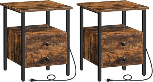 HOOBRO End Table Set of 2 with Charging Station, Nightstand with 2 Drawer & USB Ports & Power Outlets, Bedside Table for Small Spaces, Stable and Sturdy, for Living Room, Rustic Brown BF43UBZP201