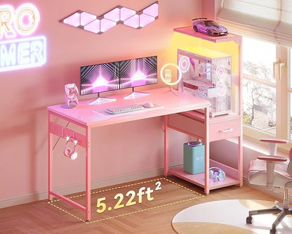 Casaottima 48 Inch Gaming Desk with Storage & LED Lights, Reversible Computer Desk with Display Shelves & Fabric Drawer, Modern Gamer Desk Table with Side Headphone Hook, Carbon Fiber Pink